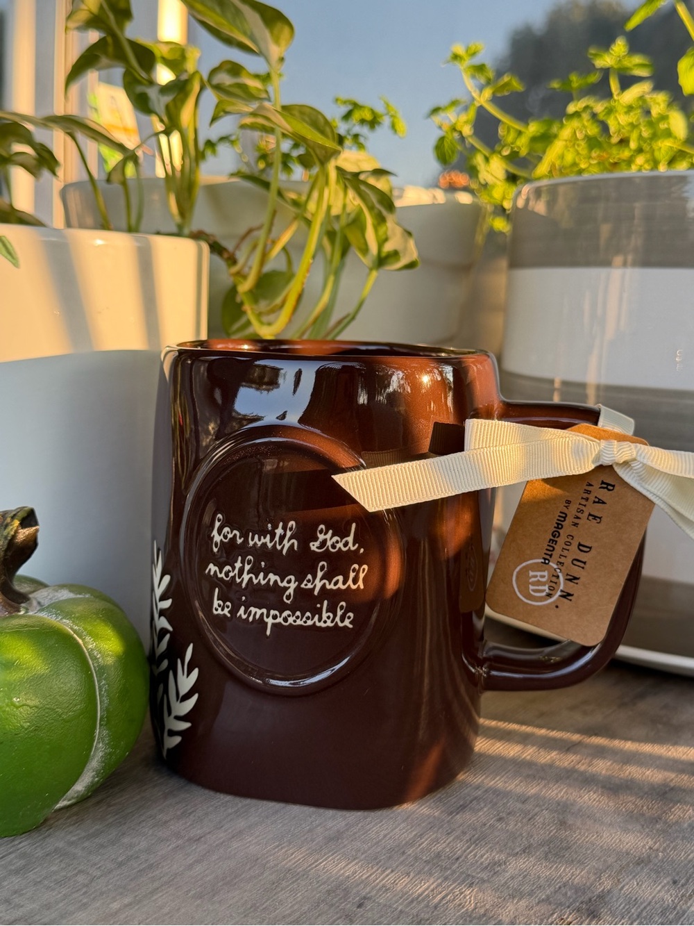 Rae Dunn Brown Ceramic Mug with White Script “Luke 1:37 and Cream Ribbon